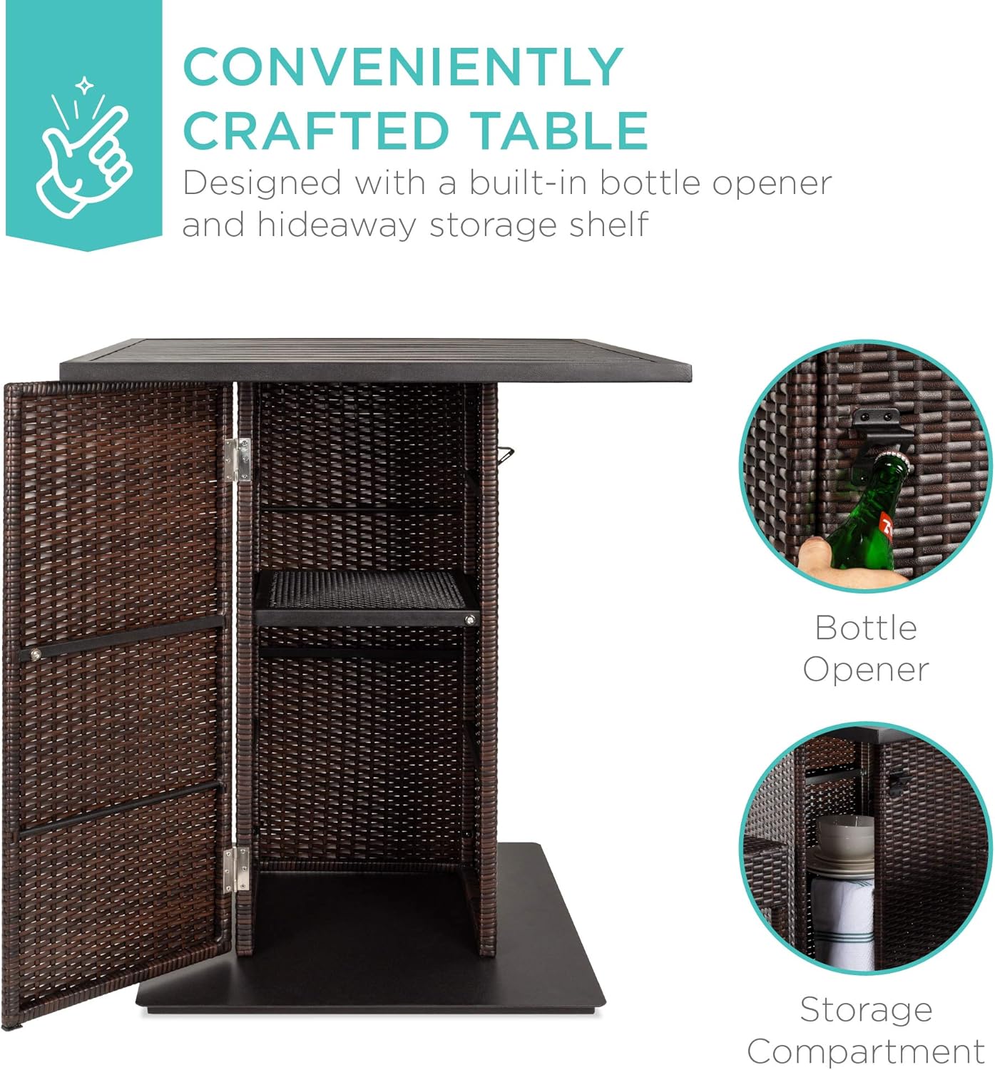 Best Choice Products 5-Piece Outdoor Wicker Bar Table Set for Patio, Poolside, Backyard w/Built-in Bottle Opener, Hidden Storage Shelf, Metal Tabletop, 4 Stools - Brown