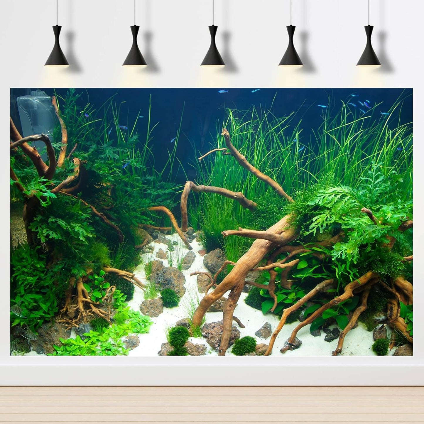 Aquarium Background Various Underwater Grass Plants Aquarium Backdrop Vivid and Fresh Green Aquatic Plants Stone River Bed and Dead Wood Yellow Stone Fish Tank Background 36x20in