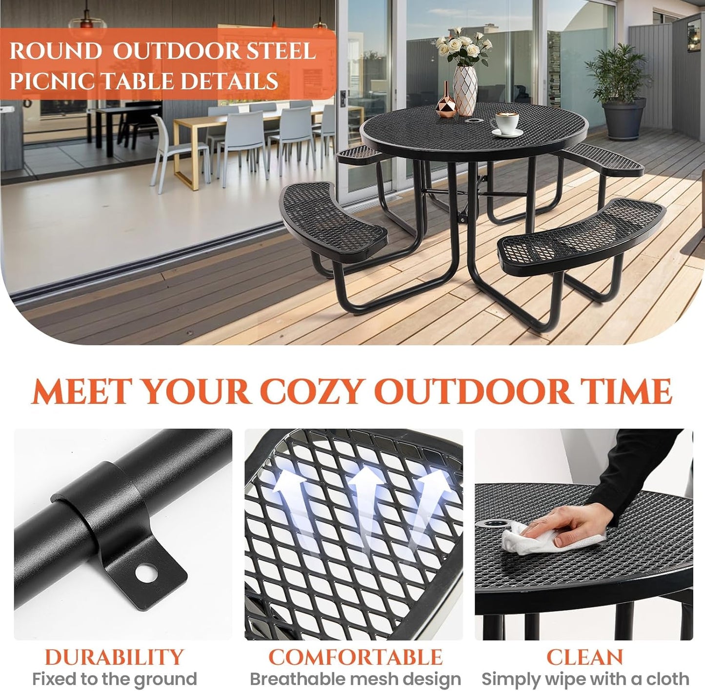 Heavy-Duty Park Bench or Table for Outside - Black Coated Outdoor Furniture Steel Bench, Commercial-Grade Outdoor Benches Weatherproof for Park, Patio, Porch (Black, 46” (Rd. Table))