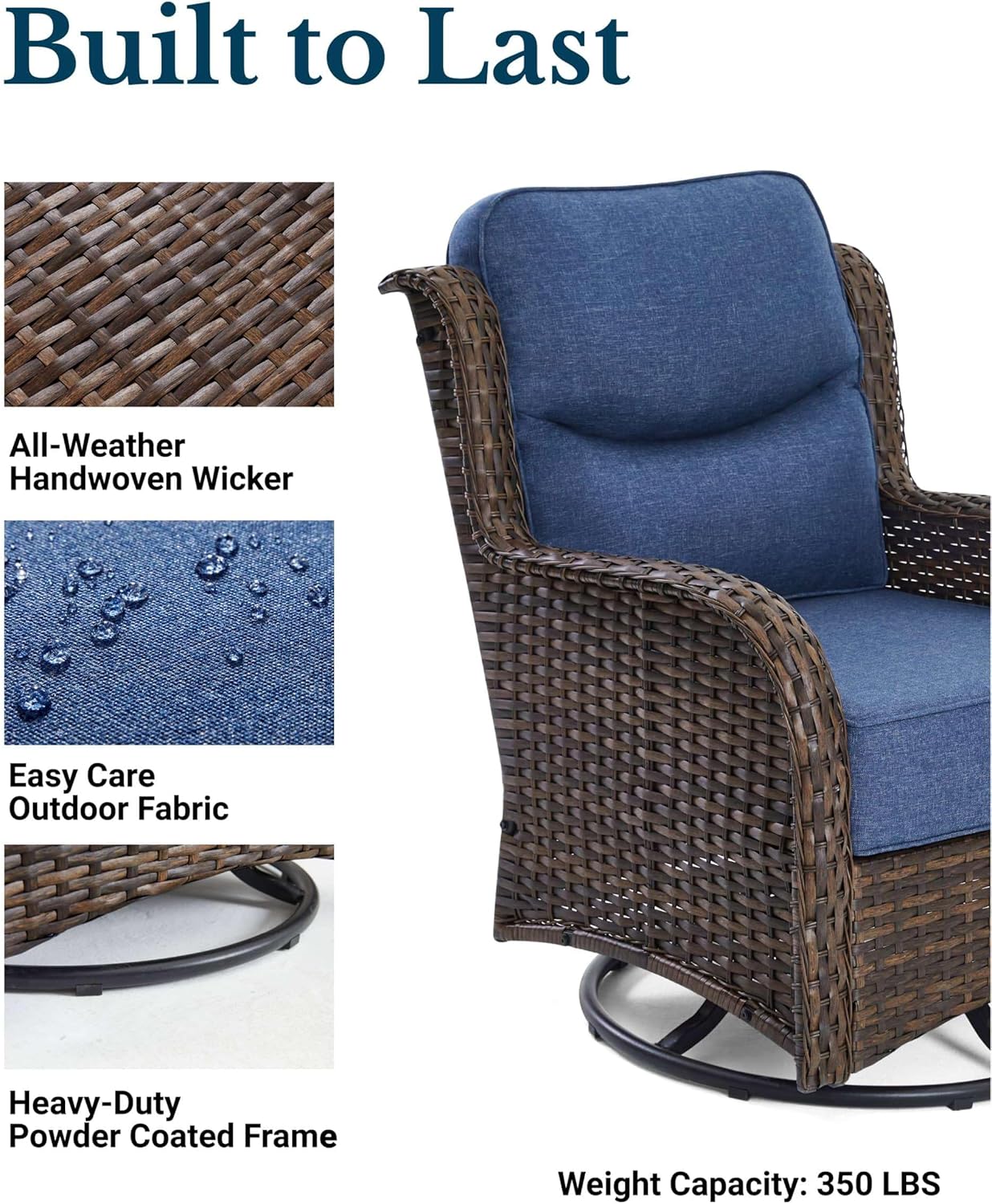 HILLGA Luxury Patio Furniture Set with 6-Inch Thick Cushions, High Back Outdoor Swivel Rocker Chairs and Table, 6-Piece All Weather Conversation Set for Porch Deck Balcony Yard, Blue (V3)