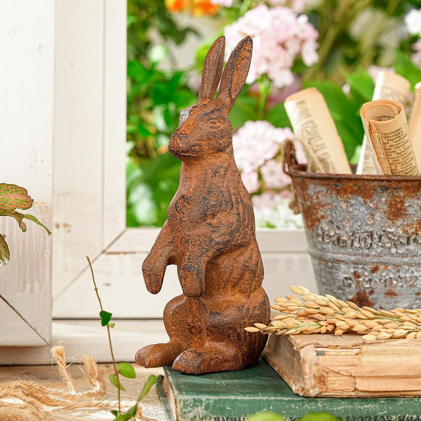 Sungmor Cast Iron Rabbit Statue,Rustic Rust Heavy Duty Animal Collection Sculpture, Paperweight, Doorstop, Adorable Garden Figurine - Standing Rabbit Statue