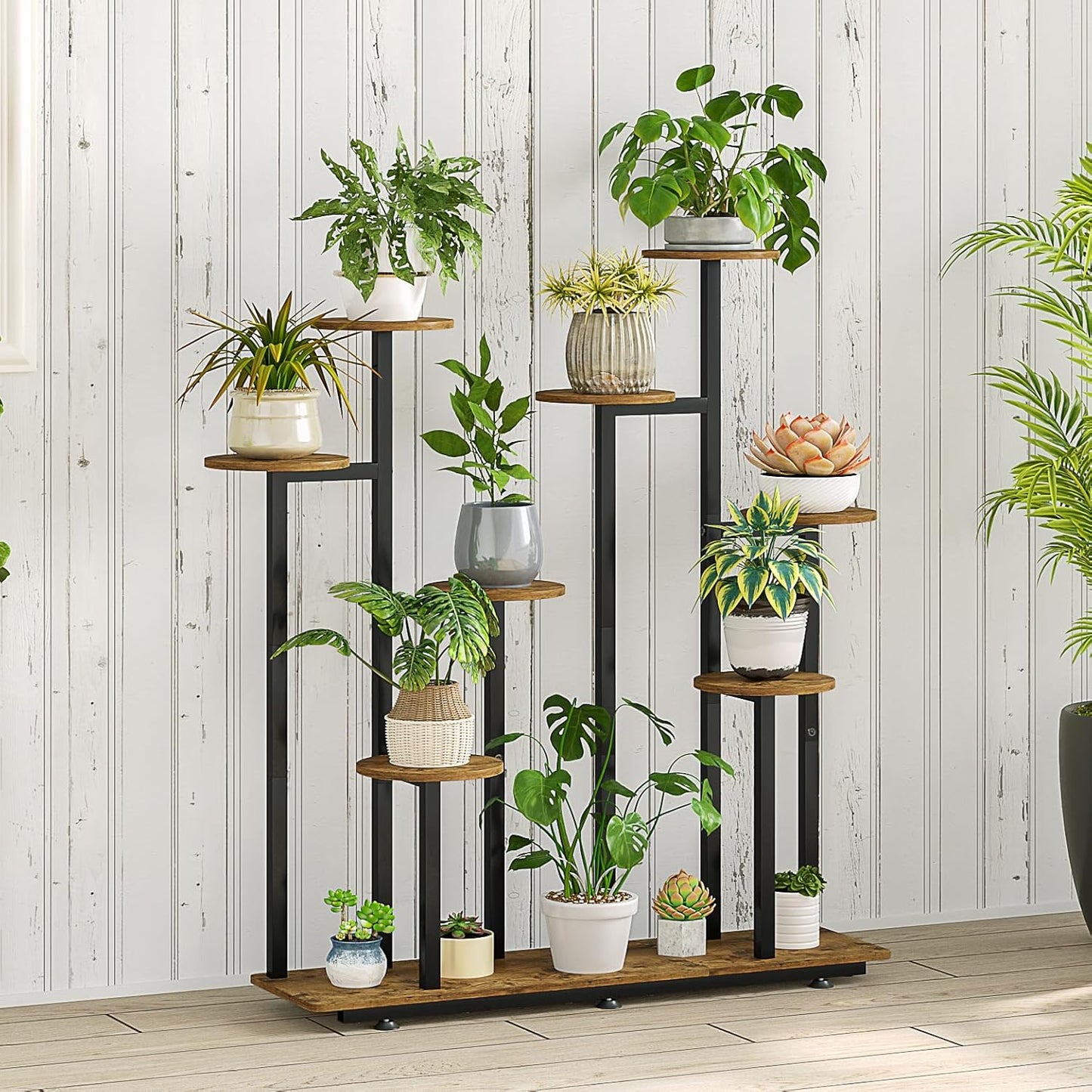 Plant Stand Indoor 9 Tier 11 Potted Multiple Flower Pot Holder for Patio Garden Balcony Living Room Corner (9 Tier Black+Rustic Brown)