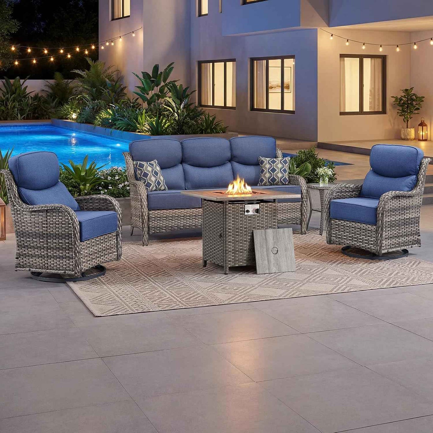 Luxury Patio Furniture Set with 6-inch Thick Cushion, Outdoor Furniture with Fire Pit Table, Swivel Chairs, Side Table, Sofa, 5pcs Wicker Conversation Set for Deck Yard Grey Wicker | Blue Cushion