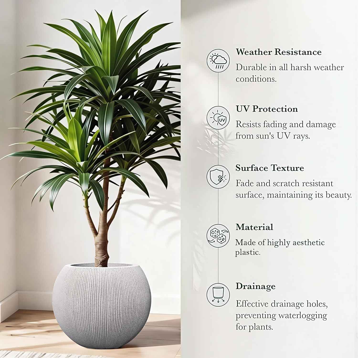 14.5"Dia Large Gray Round Plastic Planter with Drainage Hole & Plug, Textured Lightweight Plant Pot, Shatterproof & UV Resistant for Indoor Outdoor Patio, Modern Decor (11.8"H x 8.9" Opening)