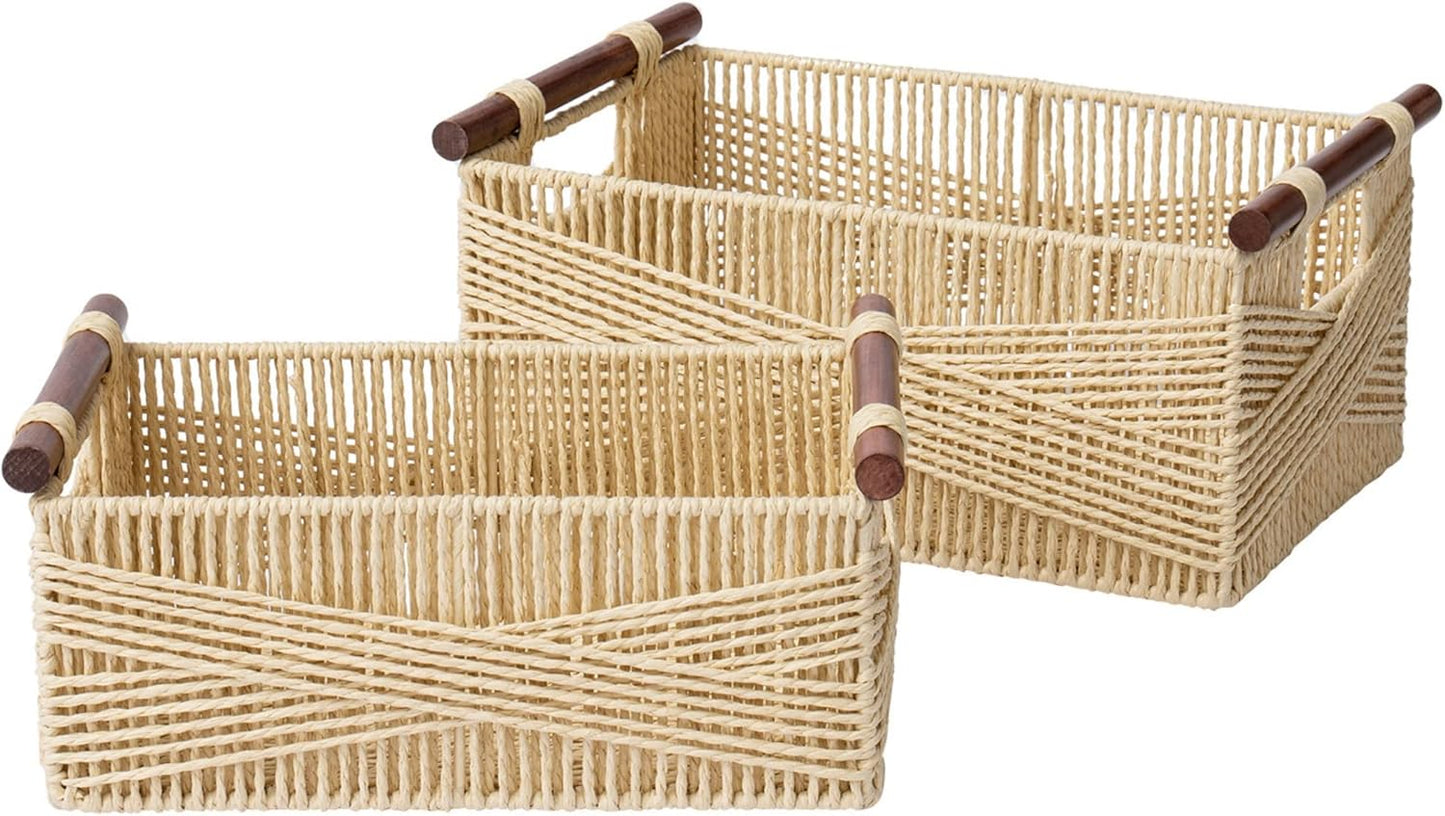 LA JOLIE MUSE Wicker Storage Baskets for Organizing, Recyclable Paper Rope Basket with Wood Handles, Decorative Hand Woven Basket Organizers for Makeup Books Shelves Living Room, Beige, Set of 2