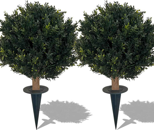 Artificial Boxwood Ball Bush 27" Tree UV Resistance Rated with Spike. Easy to Push in The Ground.Plant Looks Great in a Planter Anywhere. Indoor/Outdoor Decor 2 Pack