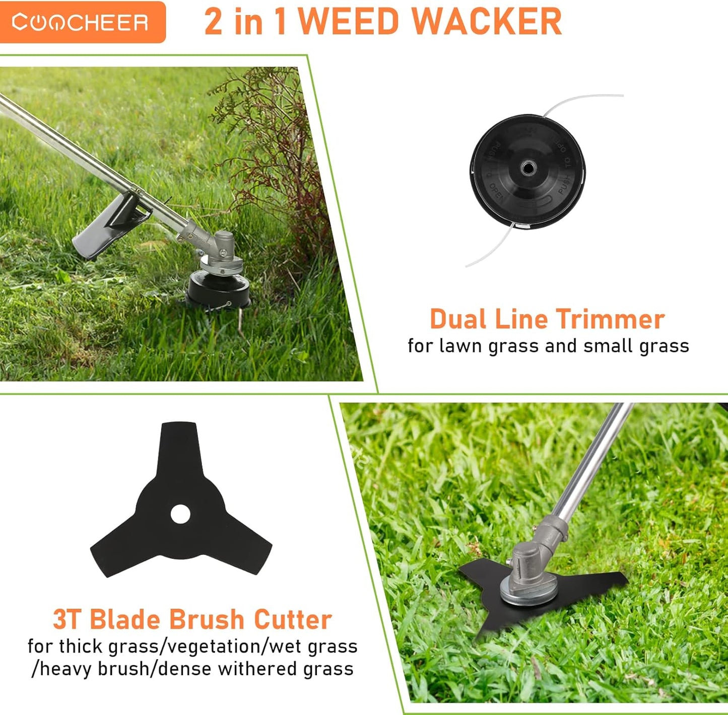 Weed Wacker String Trimmer, 42.7CC Cordless Grass Gas Powered Weed Wacker 2-in-1 Straight Shaft String Trimmer Brush Cutter with 2 Detachable Head for Grass/Heavy Bush