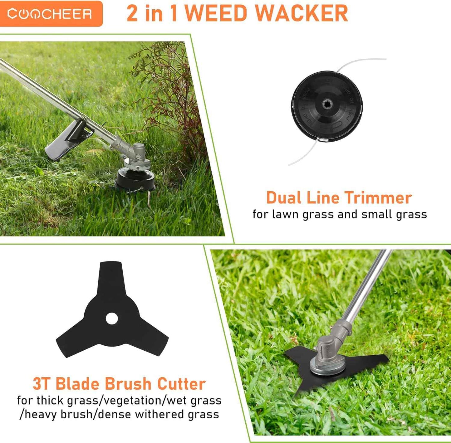 Weed Wacker Gas Powered 42.7CC Gas Brush Cutter 2-in-1 Cordless Grass Trimmer/Edger, 2-Cycle Gas String Trimmer with 2 Detachable Head for Lawn and Garden Care