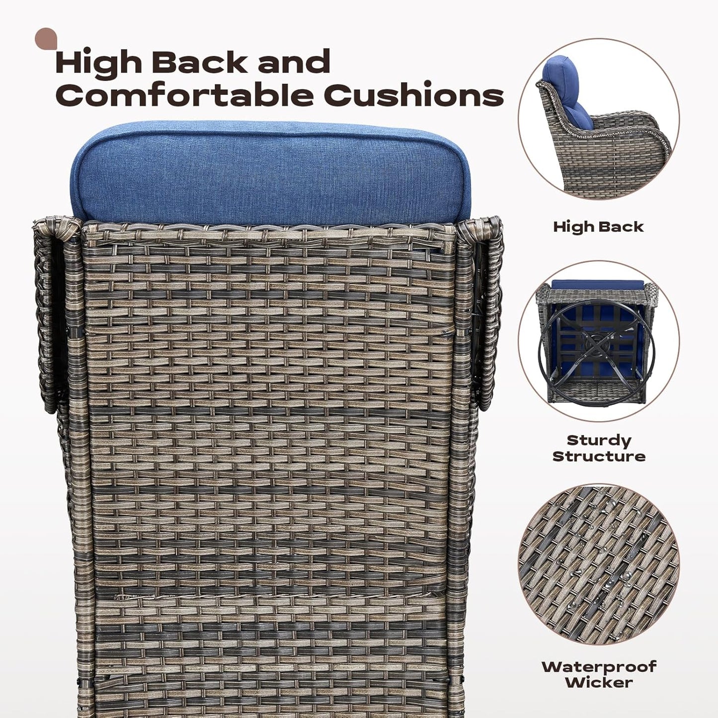 Wicker Outdoor Patio Furniture Sets - 6 Piece Patio Conversation Set with Swivel Rocker Chairs, Ottomans, Sofa and Side Table, 6 inch Cushions, Waterproof Wicker, for Porch Deck Mixed Grey/Blue
