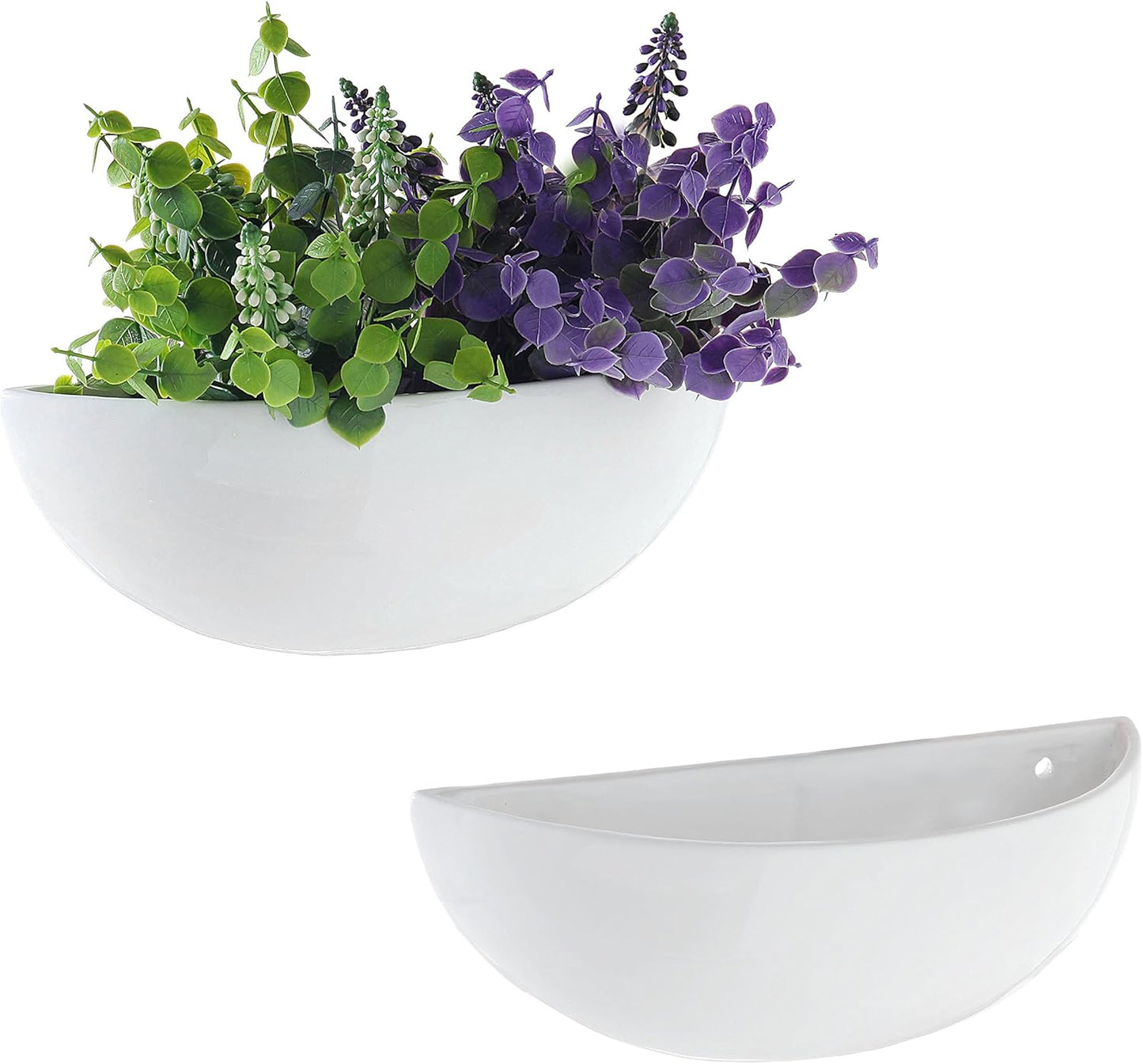 MyGift White Ceramic Wall Planters for Indoor Plants, Half Bowl Hanging Vase, Wall Mounted Succulent Planters, Set of 2