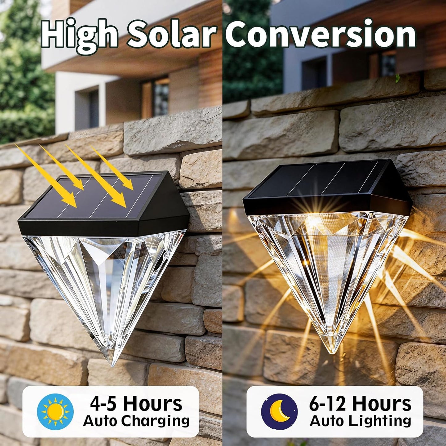 Solar Fence Lights, Solar Deck Lights Outdoor Waterproof, Warm White LED Solar Wall Lights 4 Pack for Garden Stair, Fence, Patio, Front Porch, Pathway & Wall Decor