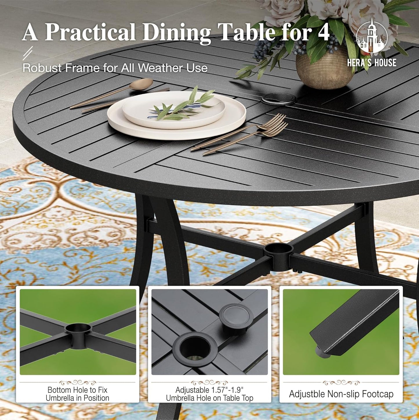 HERA'S HOUSE Round Patio Dining Set, 5 Piece Outdoor Metal Table and Chairs Set for Lawn Garden Backyard Deck