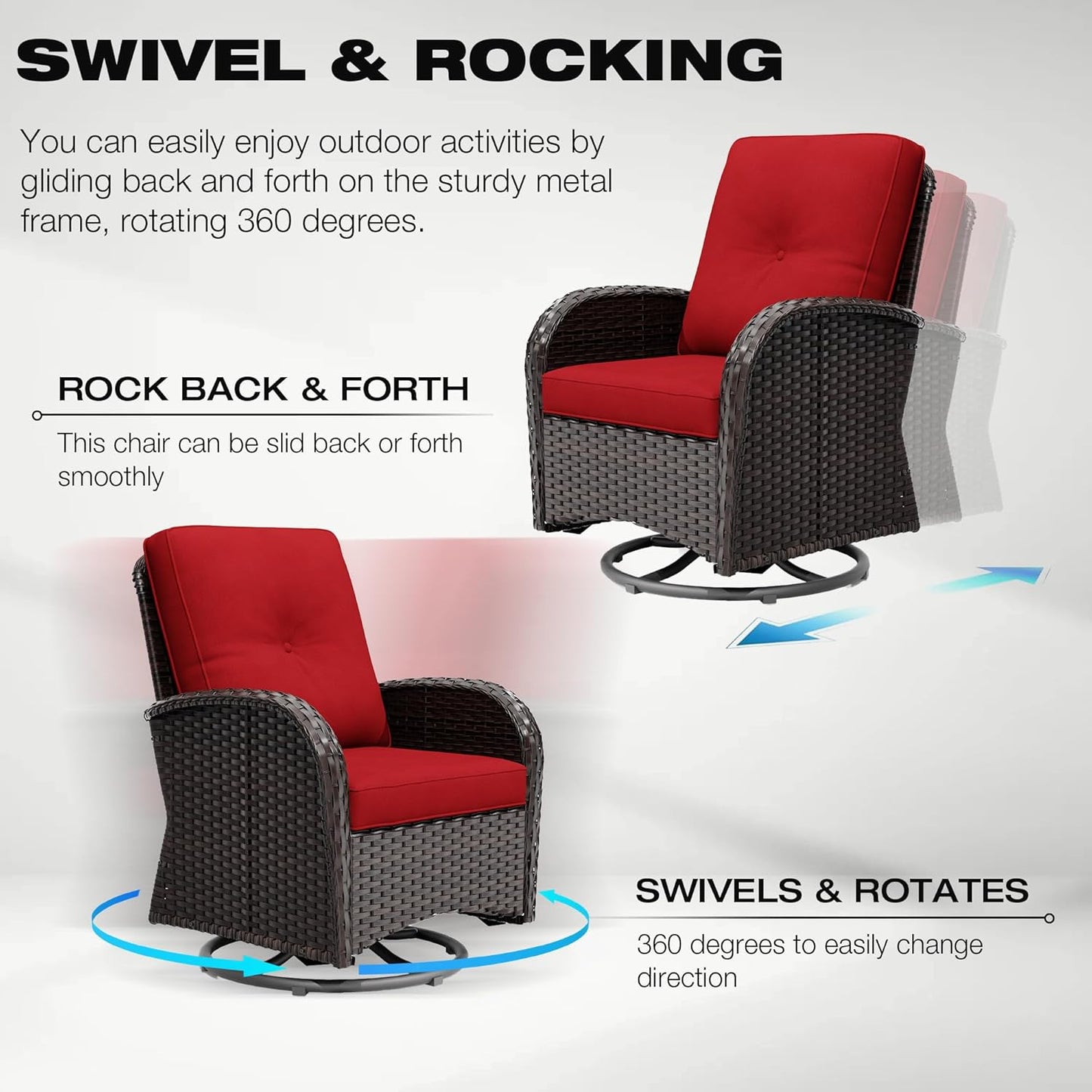 Joyside 9 Piece Patio Furniture Set, Outdoor Wicker Conversation Sets with Swivel Rocker Chairs and Sofa, Thick Cushion, Rattan Patio Sectional for Porch, Deck Use (Brown/Red, 9 PCS)