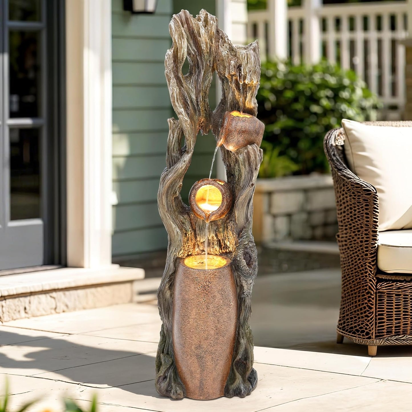 AUTODAYA Tall Outdoor Water Fountain with LED Lights, 42.7" 3-Tier Rainforest Waterfall Tree Trunk and Jar Garden Fountain, Ideal for Serene Relaxing Patio, Yard or Porch