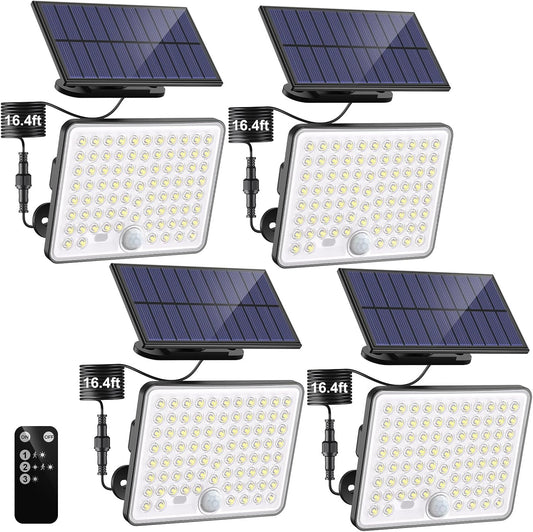 nipify 4 Pack Solar Motion Lights Outdoor, 3Modes Split Outdoor Solar Lights with Remote Control, IP65 Waterproof Powered Solar Flood Light 16ft Cable for Outside Yard Garage Garden Porch