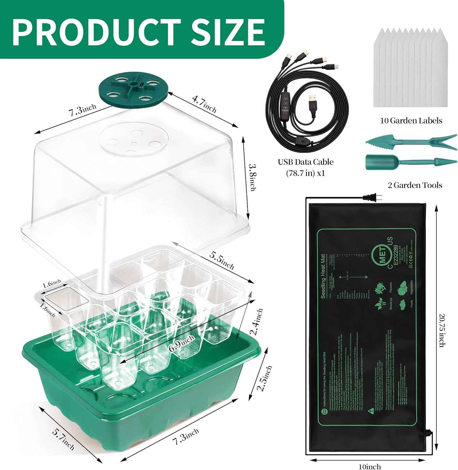 4-Pack Seed Starter Tray with Grow Light and Heat Mat, 48 Cells Seed Starter Kit with Adjustable Humidity Dome and Base, Germination Kit for Seed Growing Plant Propagation