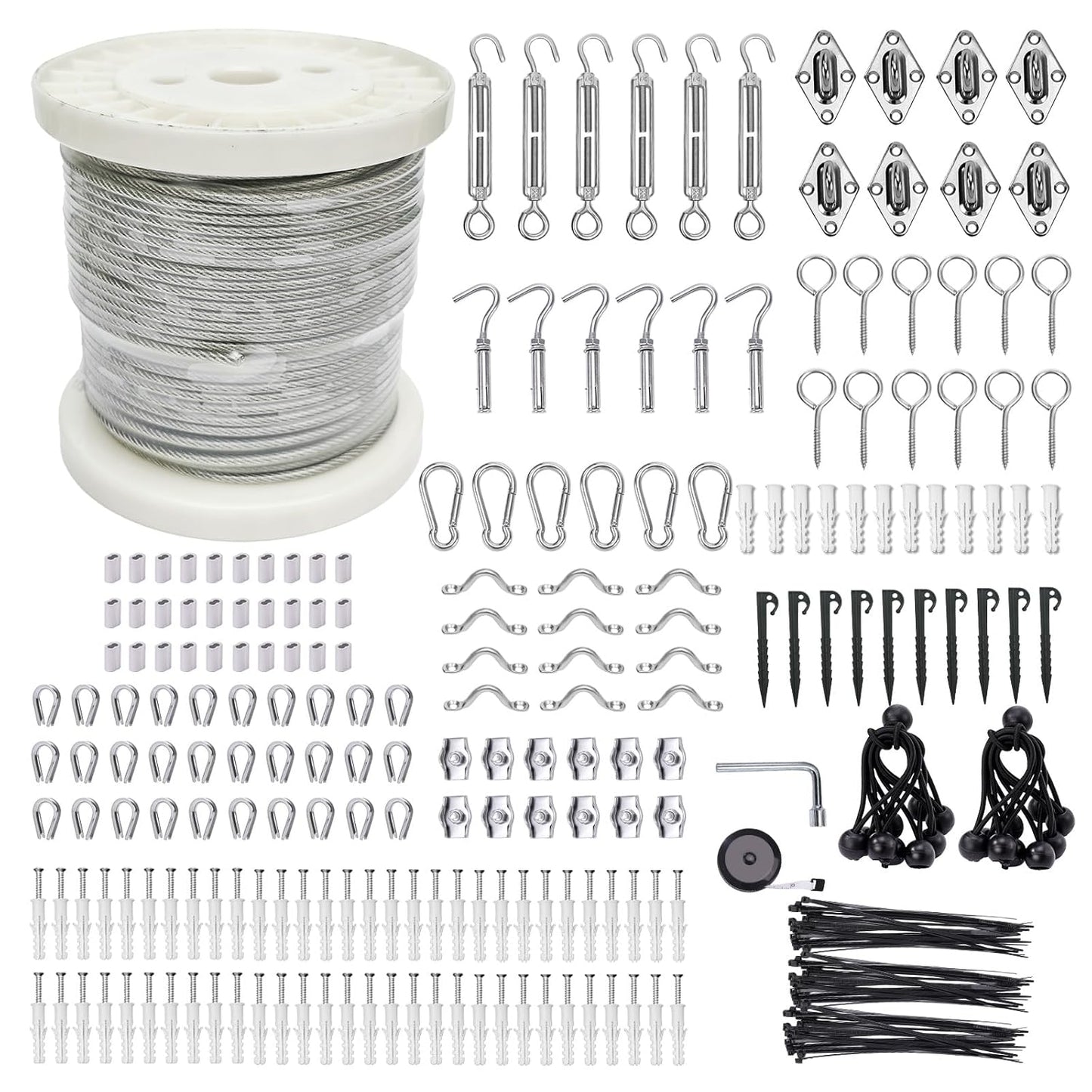 1/8" Wire Cable Rope Kit ，Vinyl Coated 304 Stainless Steel Wire – 300FT 7x7 Strand Cable with Turnbuckles，Shade Sail & Hanging Lights Hardware Kit for Outdoor, Garden,Patio, Crafts, Hanging Lights