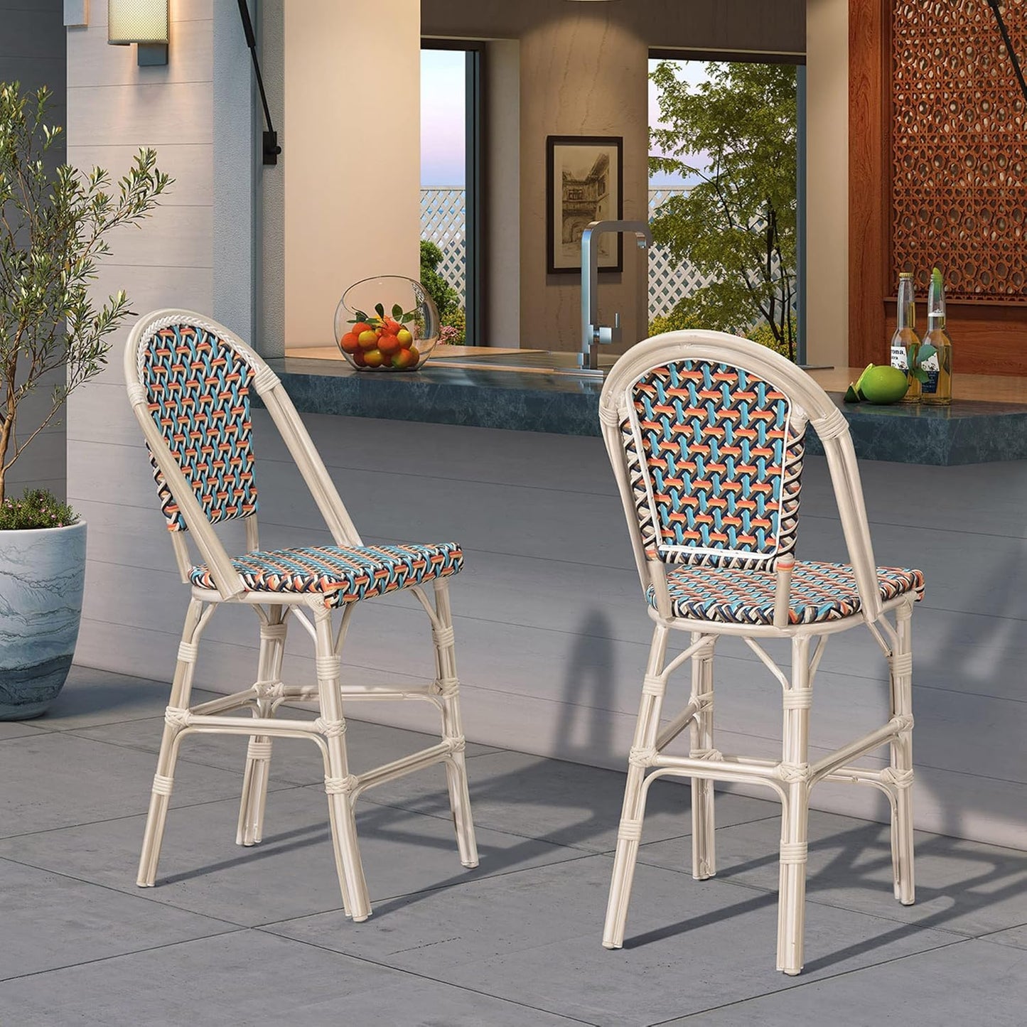 PURPLE LEAF French Bar Stool Set of 2 White Print Finish Patio Bar Stools with Back Rattan Chairs Wicker Bar Height Stool 30" with Footrest Kitchen Island Stools Outdoor Barstool Colorful