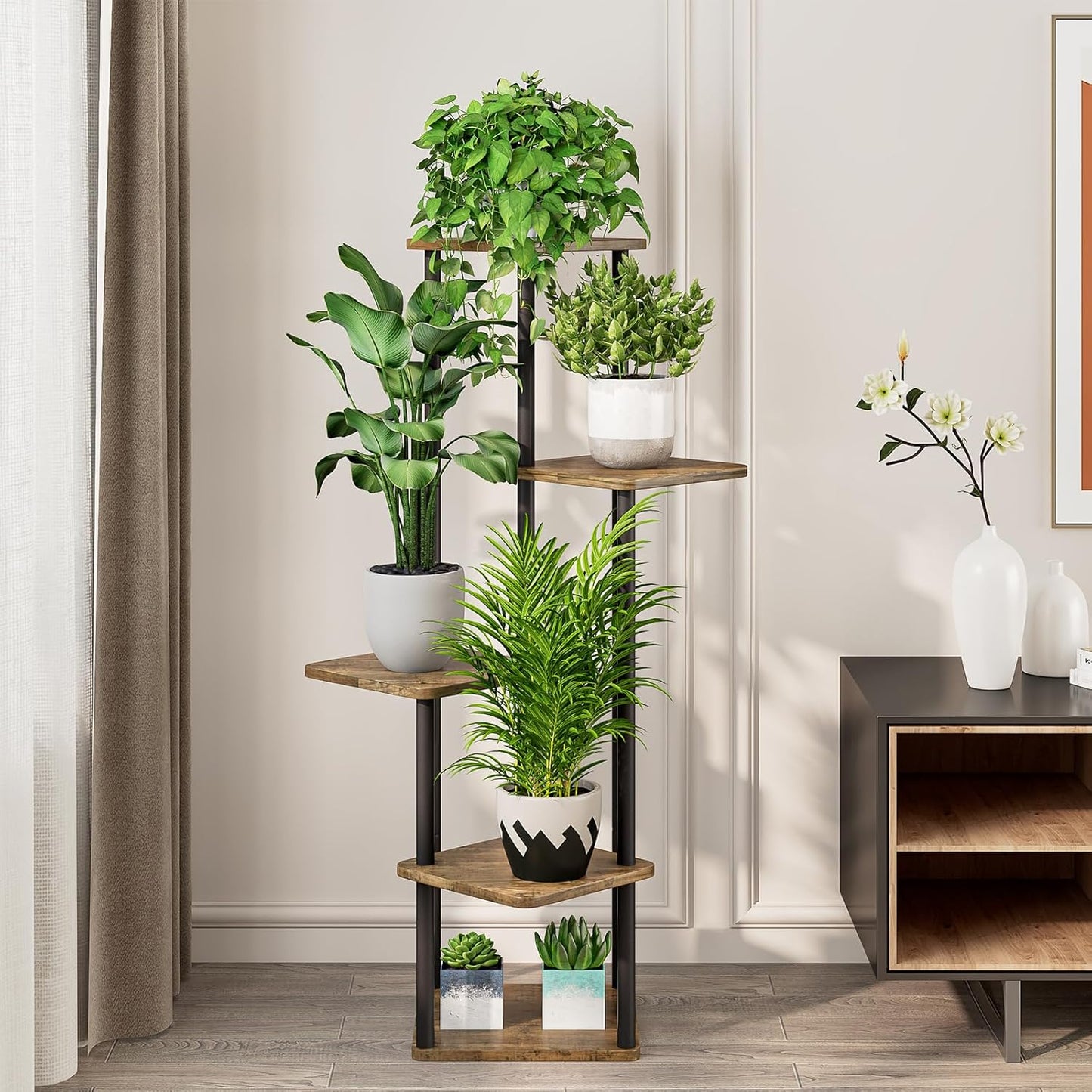 5 Tier Wood Tall Plant Stand Metal Rack Indoor, Multiple Flower Pot Holder Shelves Corner Rack, Planter Shelf Display Rack Storage Organizer for Patio Living Room Balcony Garden(Black)