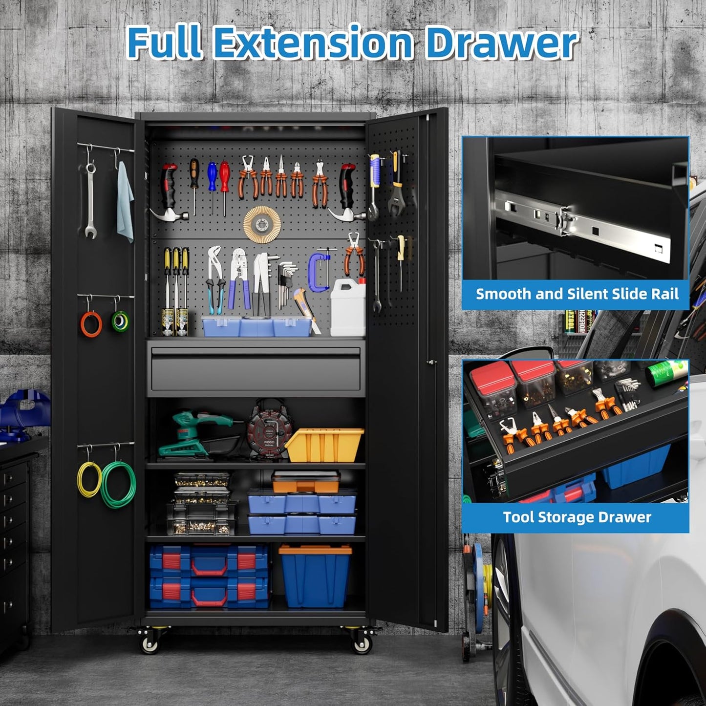 71" H Metal Garage Storage Cabinet with Locking Doors and 2 Adjustable Shelves, Rolling Tool Storage Cabinet with Wheels, Drawer, Pegboard and 16 Hooks for Garage, Warehouse, Black