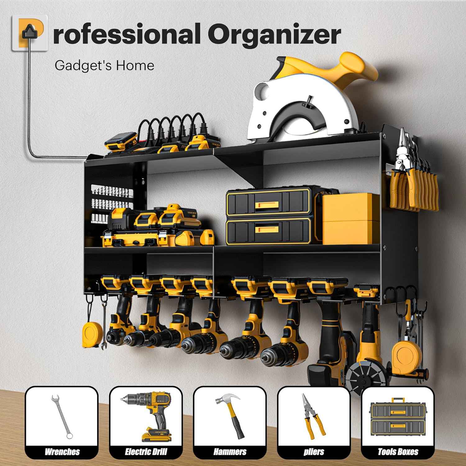 Spampur Power Tool Organizer Wall Mount with Charging Station, 15 Min Assembly & Maximum 420lb Load by Heavy Duty Metal, 8 Slots for Cordless Drill, Tool Battery Holder with 6 Outlet Power Strip