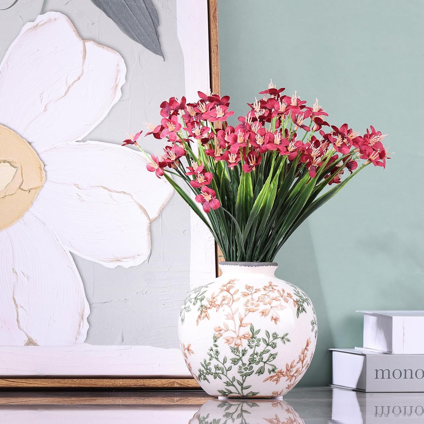 Green, White, and Brown Vintage Round vase, Chinese-Style Green Farmhouse Decorative vase, Suitable for Home Decor，Living Room, Dining Table, Office, Bookshelf, TV Cabinet, entryway Decor.