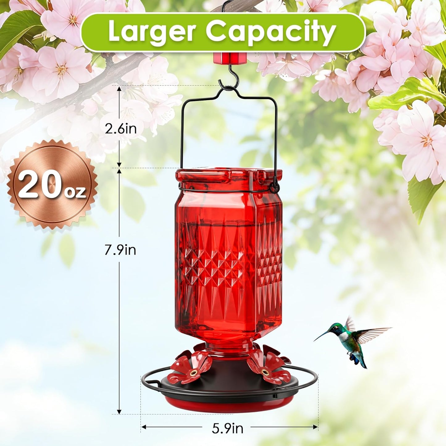 Tegarbed Glass Hummingbird Feeder 20oz – Bee Guard, Ant Moat, Leak-Proof (2 Pack)
