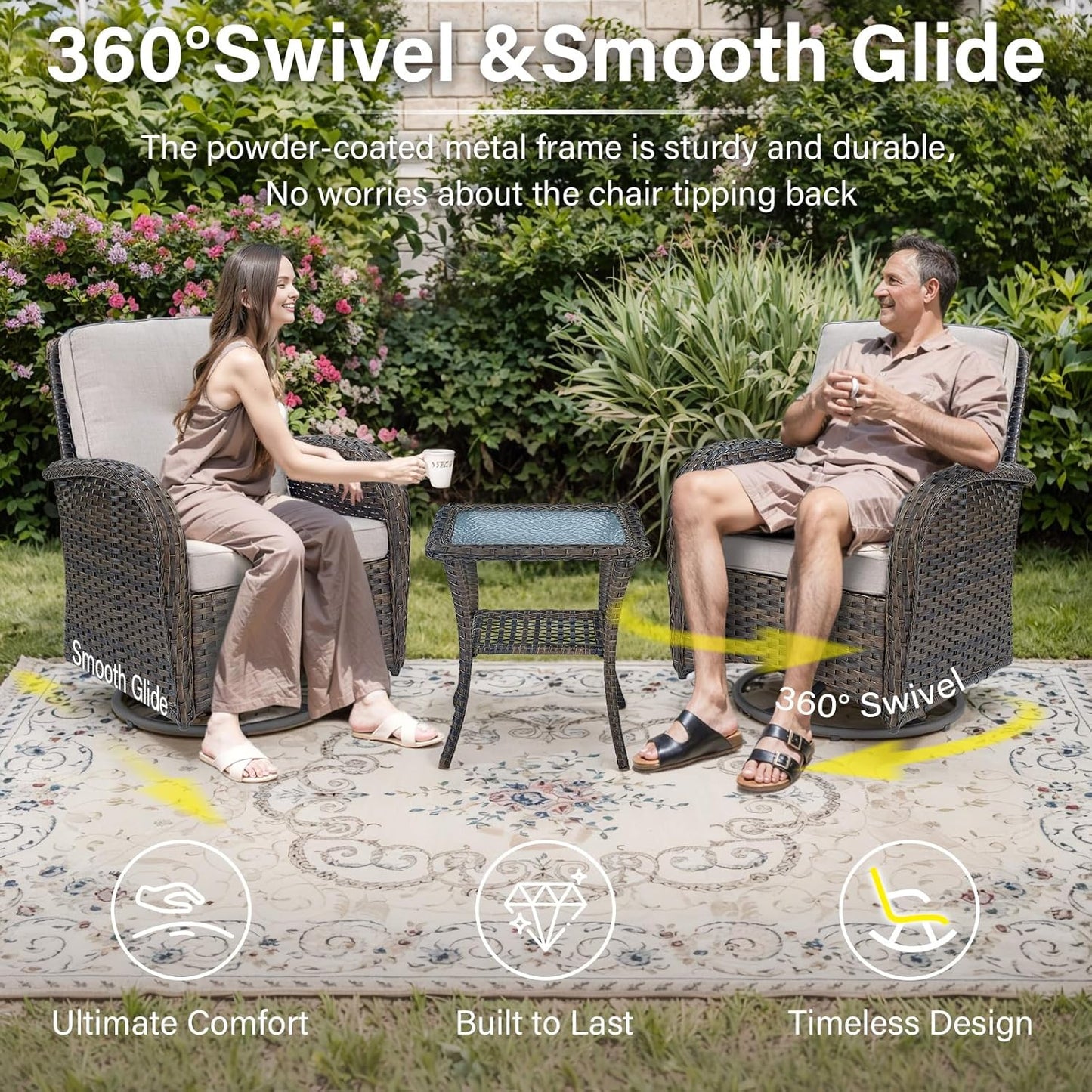 Grand 13 Pieces Outdoor Patio Furniture Set with 4 Swivel Glider Chairs and 50000 BTU Propane Fire Pit Table, Patio Conversation Set with Sofa and Wicker Side Table for Big Garden Backyard