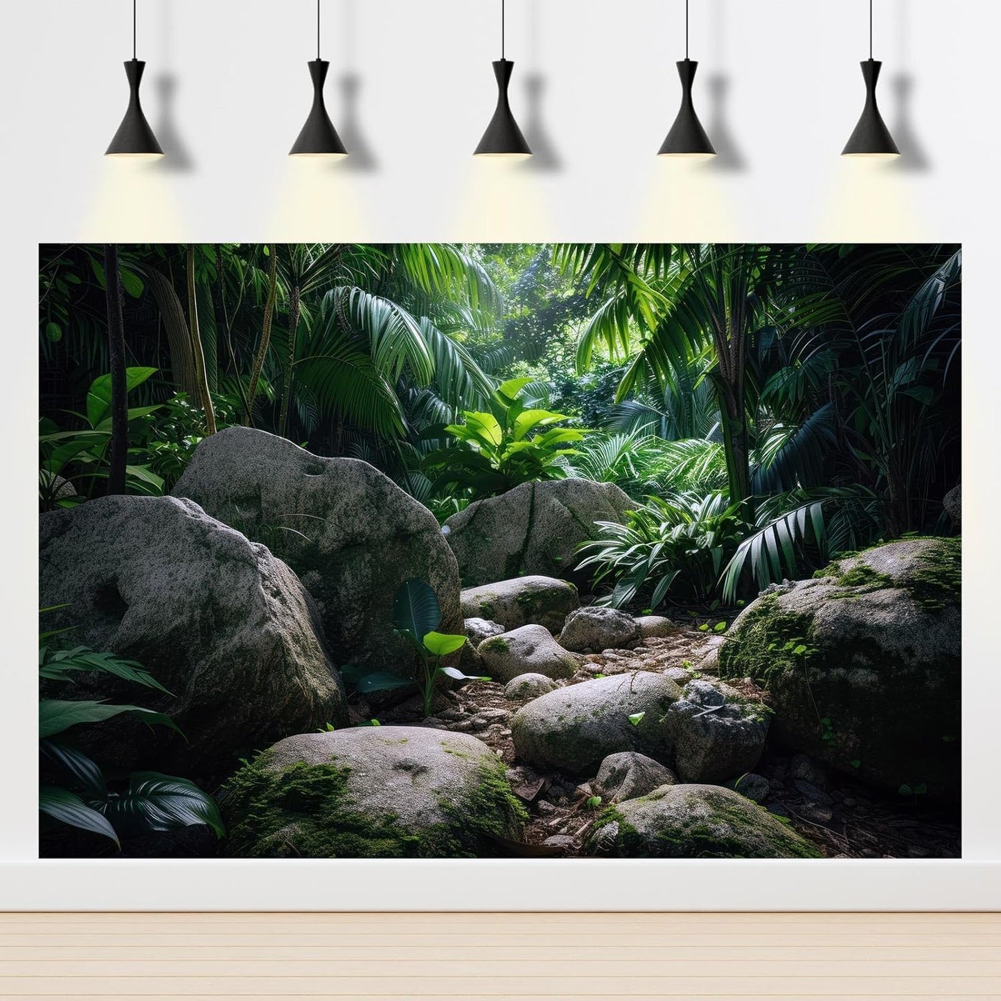 Reptile Habitat Backdrop Lush Tropical Plants and Rocks Terrarium Backdrop Dense Vegetation with Large Broad Leaves and Ferns Fish Tank Background Aquarium Wallpaper Poster Decor Vinyl 30x12in