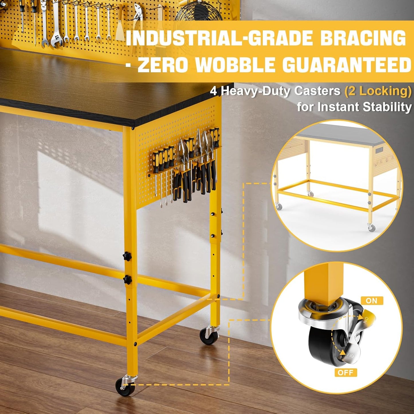 47" Heavy Duty Adjustable Workbench with Power Outlets, Pegboard & Locking Wheels - 2100LB Capacity Garage Work Table, Compatible with DeWalt Battery, Reinforced Steel Frame for Workshop & Home Use
