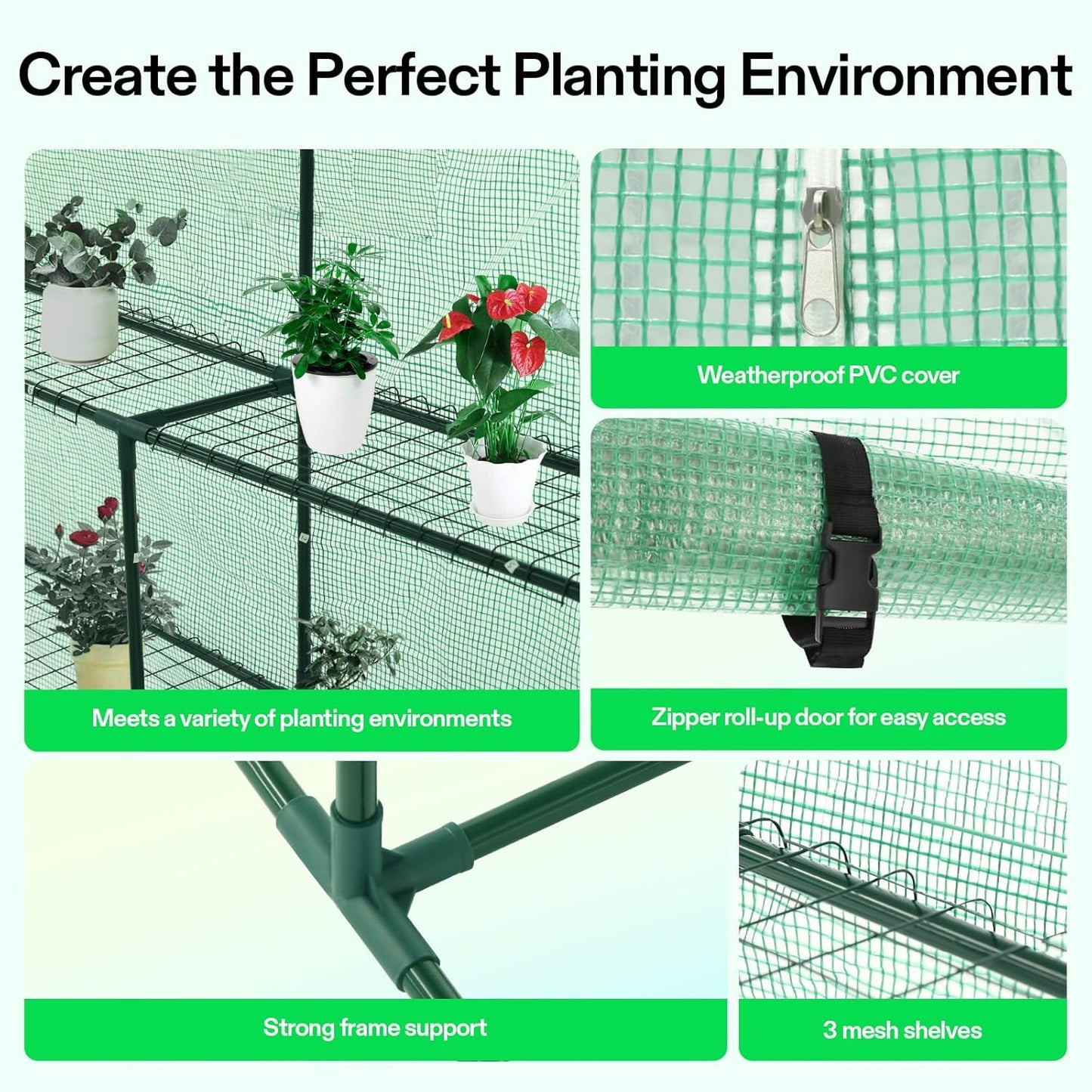 VIVOSUN 57x57x77 Inch Mini Walk in Green House with Window and Anchor, Plant Garden Hot House 2 Tiers 8 Shelves, 4.7 x 4.7 x 6.4 FT