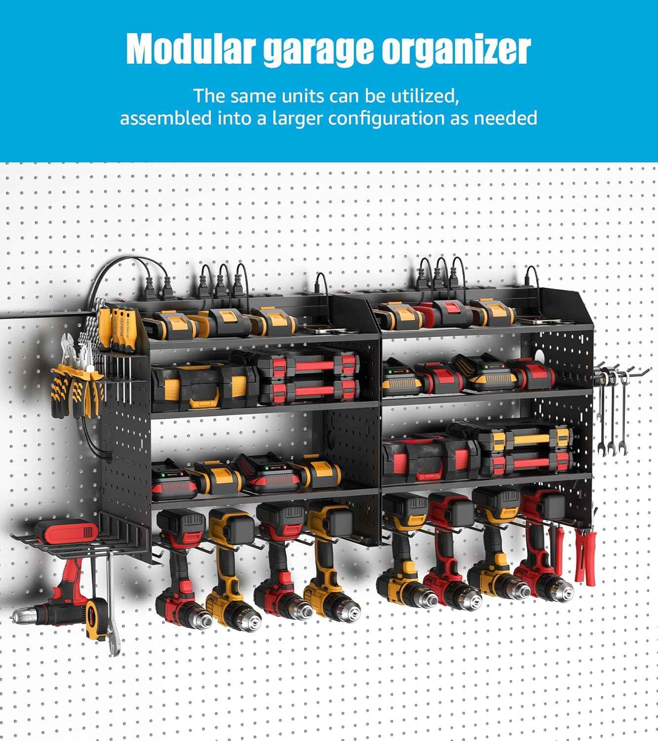 CCCEI Modular Power Tools Organizer with USB Charging Station, 4 Layer Drills and Battery Storage Wall Mount, Garage Shop Organization, Anniversary, Birthday, Gifts for Men, Father, 10FT Cord, Black.