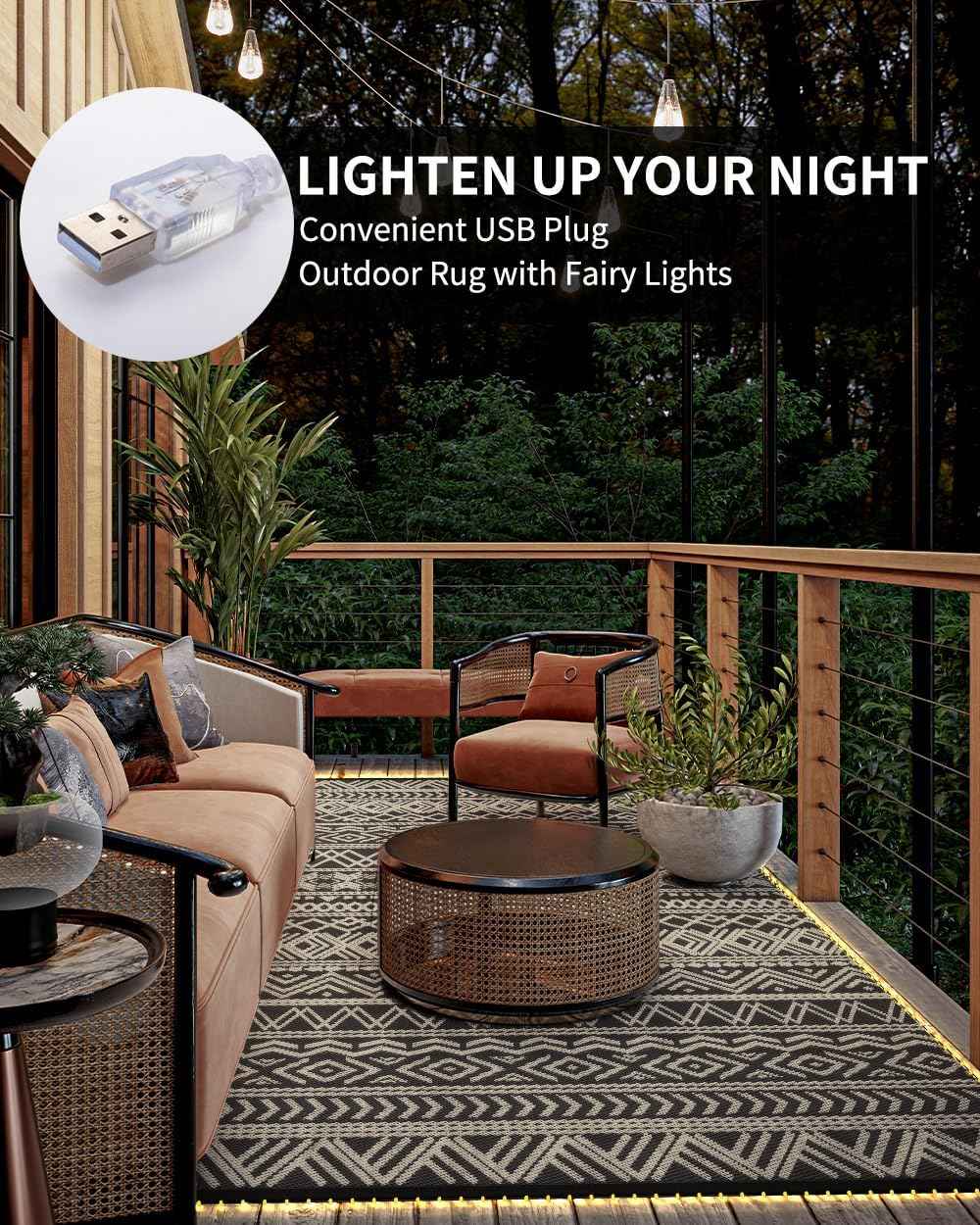 MontVoo-Outdoor Rug Carpet 8x10 ft for Patio RV Camping with Led Strip Lights Waterproof Plastic Straw Rug Reversible Portable Outside Indoor Outdoor Rug Mat for Patio Decor Balcony Picnic-Boho Rug