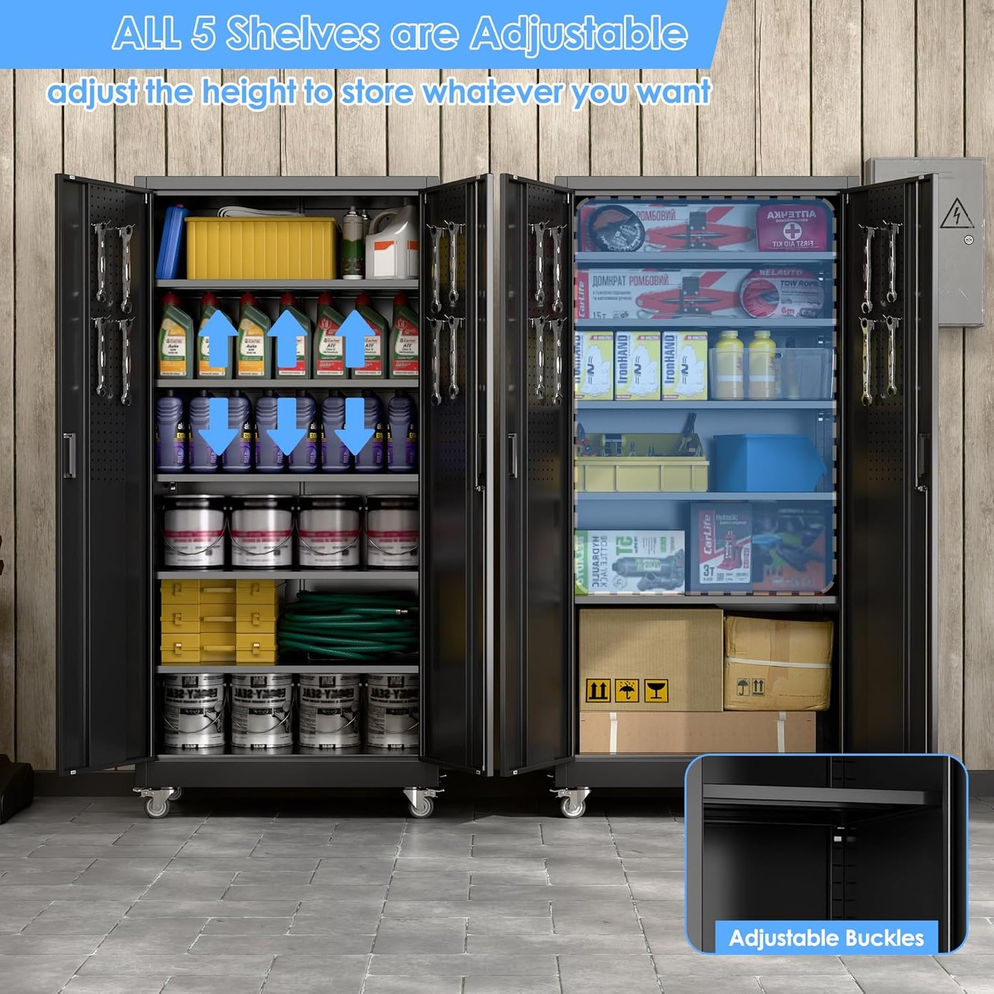 71" H×34" W×18" D Metal Garage Storage Cabinet with Wheels & Pegboard, Lockable Metal Storage Cabinets with 2 Doors&5 Adjustable Shelves for Garage&Home,Assembly Required,Black