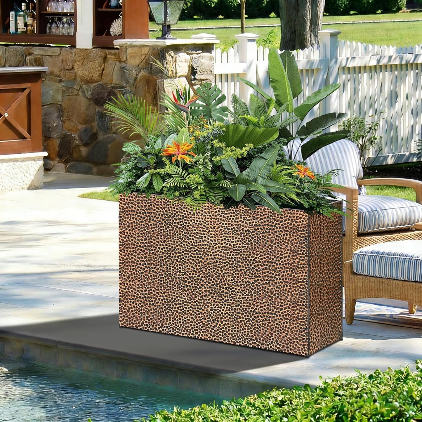 Tall Planters for Outdoor Plants - Hand-Hammered Metal Large Rectangular Block Planter Box with Drainage Holes, Modern Planters Indoor Outdoor Flower Plant Pots Patio Yard Front Porch Deck,32x12x24"