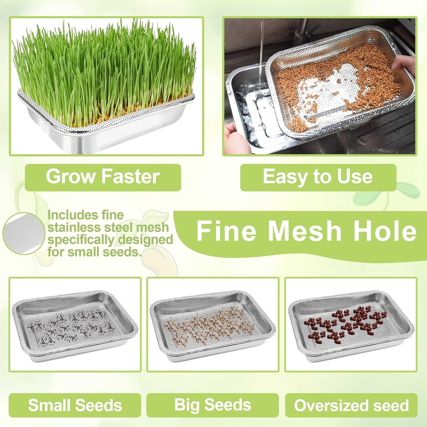 Stainless Steel Sprouts Growing Kit 2-Tier 12.4 inch Trays, Microgreens Growing Kit, Seed Sprouting Tray with Encrypted Mesh Sprouts for Beans Alfalfa Broccoli Wheat Grass