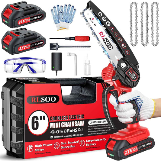 Mini Chainsaw Cordless, 6 Inch Handheld Chain Saw Battery Powered with 2 Rechargeable Batteries and 3 Chains, Portable Small Electric Tree Trimmer for Wood Cutting, Pruning, Courtyard and Household