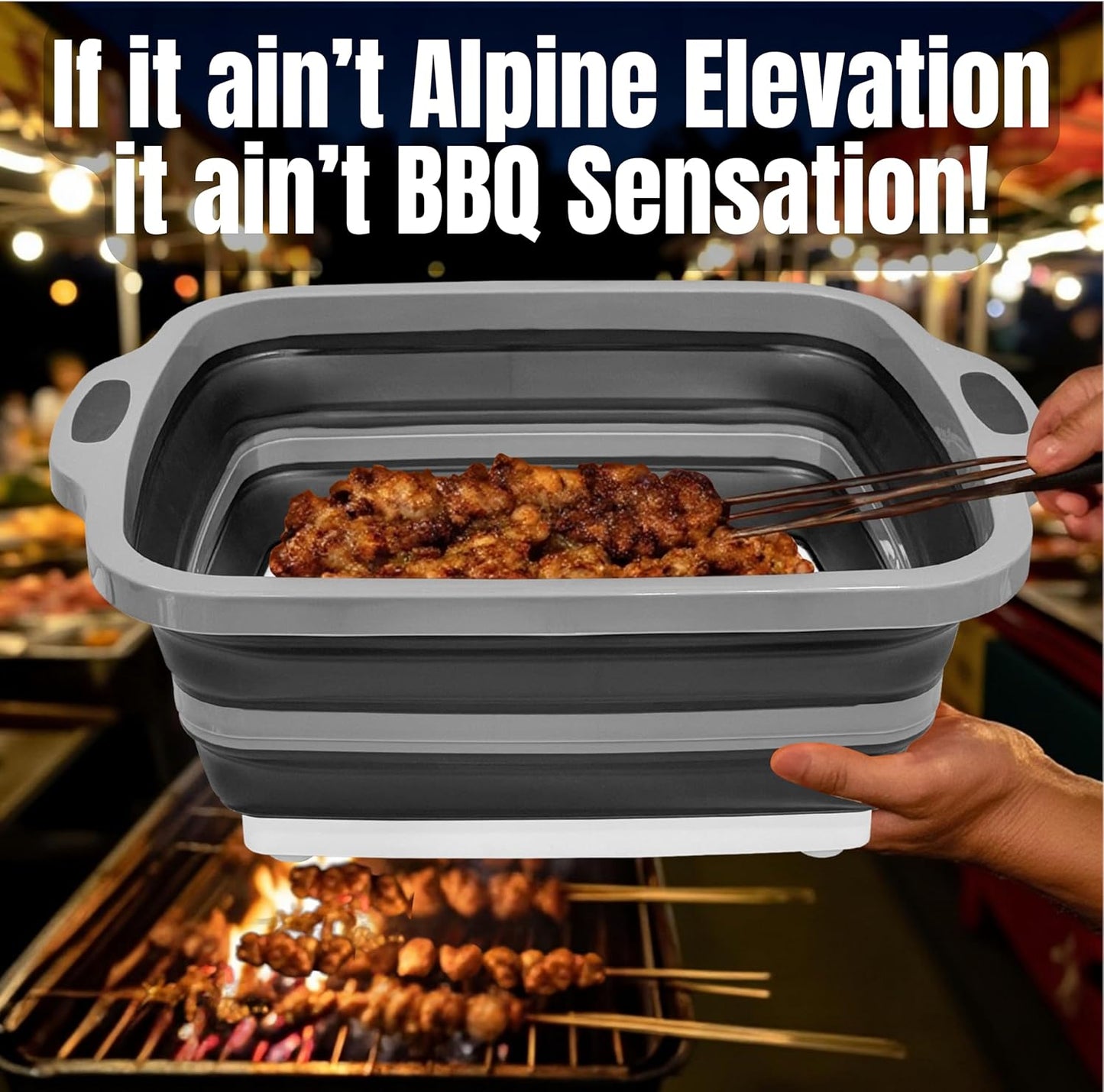 Collapsible Large (8L) BBQ Marinating Tub w/Cutting Board | Multipurpose Food-Grade TPE Prep Tub w/Lid | Built-in Colander & Drain Plug - for Camping | Tailgate | Picnic - Slate Black