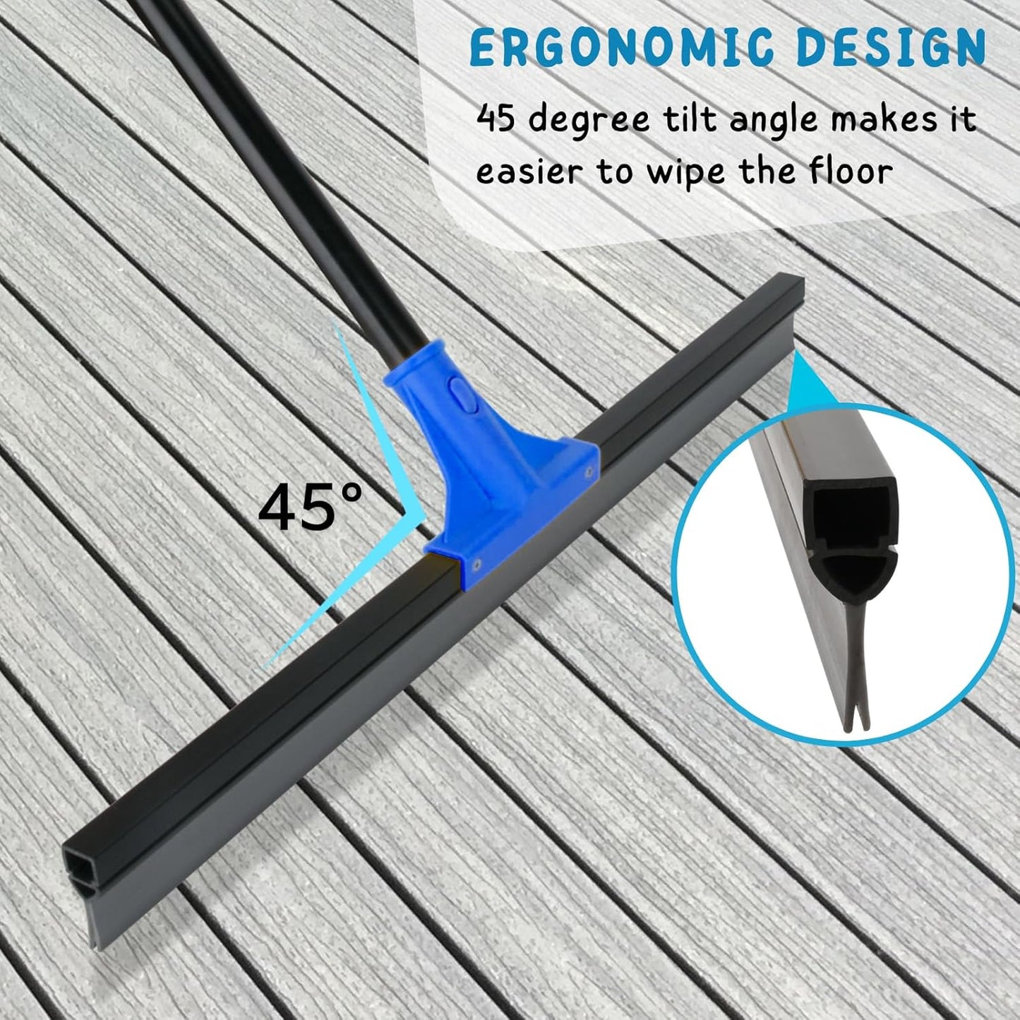 Floor Squeegee for Concrete and Tile Cleaning, 24'' Rubber Wiper Broom, Large Heavy Duty Water Scraper with 60'' Long Handle for Garage, Deck, Bathroom, Shower Glass, Window