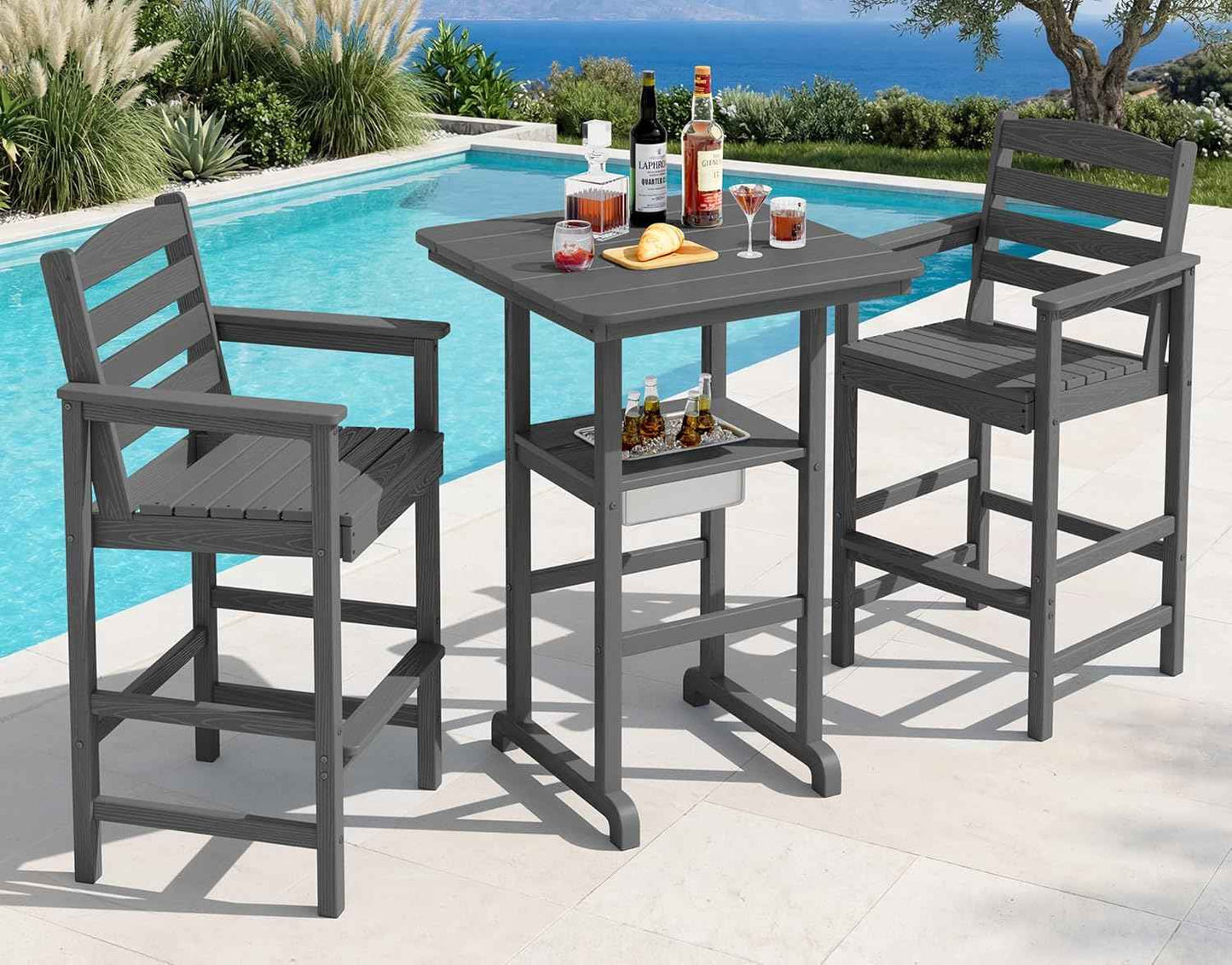 SERWALL Balcony Adirondack Chairs and Table 3 Pieces Set, HDPE Bar Height Chairs Set of 2 and Bar Table with Ice Bucket, Outdoor Bar Stools Set for Bistro, Poolside, Backyard, Grey