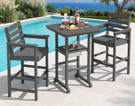 SERWALL Balcony Adirondack Chairs and Table 3 Pieces Set, HDPE Bar Height Chairs Set of 2 and Bar Table with Ice Bucket, Outdoor Bar Stools Set for Bistro, Poolside, Backyard, Grey