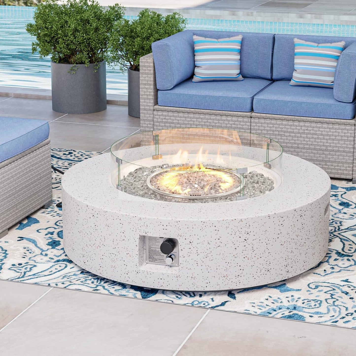 COSIEST Outdoor Propane Fire Pit Coffee Table w Terrazzo White 42 inch Round Base Patio Heater, CSA Certified, 50,000 BTU Stainless Steel Burner, Wind Guard, Transparent Gray Fire Glass, Rain Cover