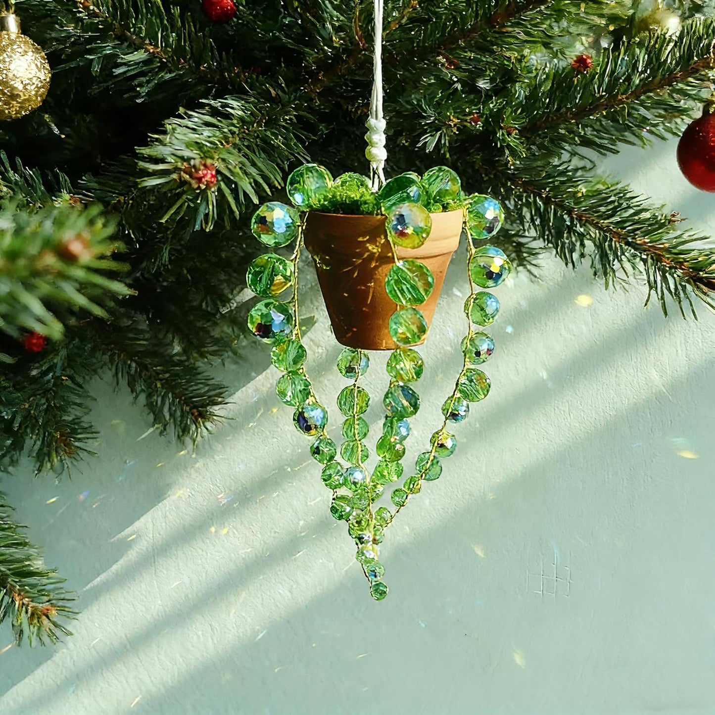 Bling Suncatcher String of Beads Plant Hanging, Handcrafted Crystal Succulent Sun Catchers for Window Hanging, Gardenn Crystal Sun Catcher Plant Lover Gift Mom Gifts (Green)