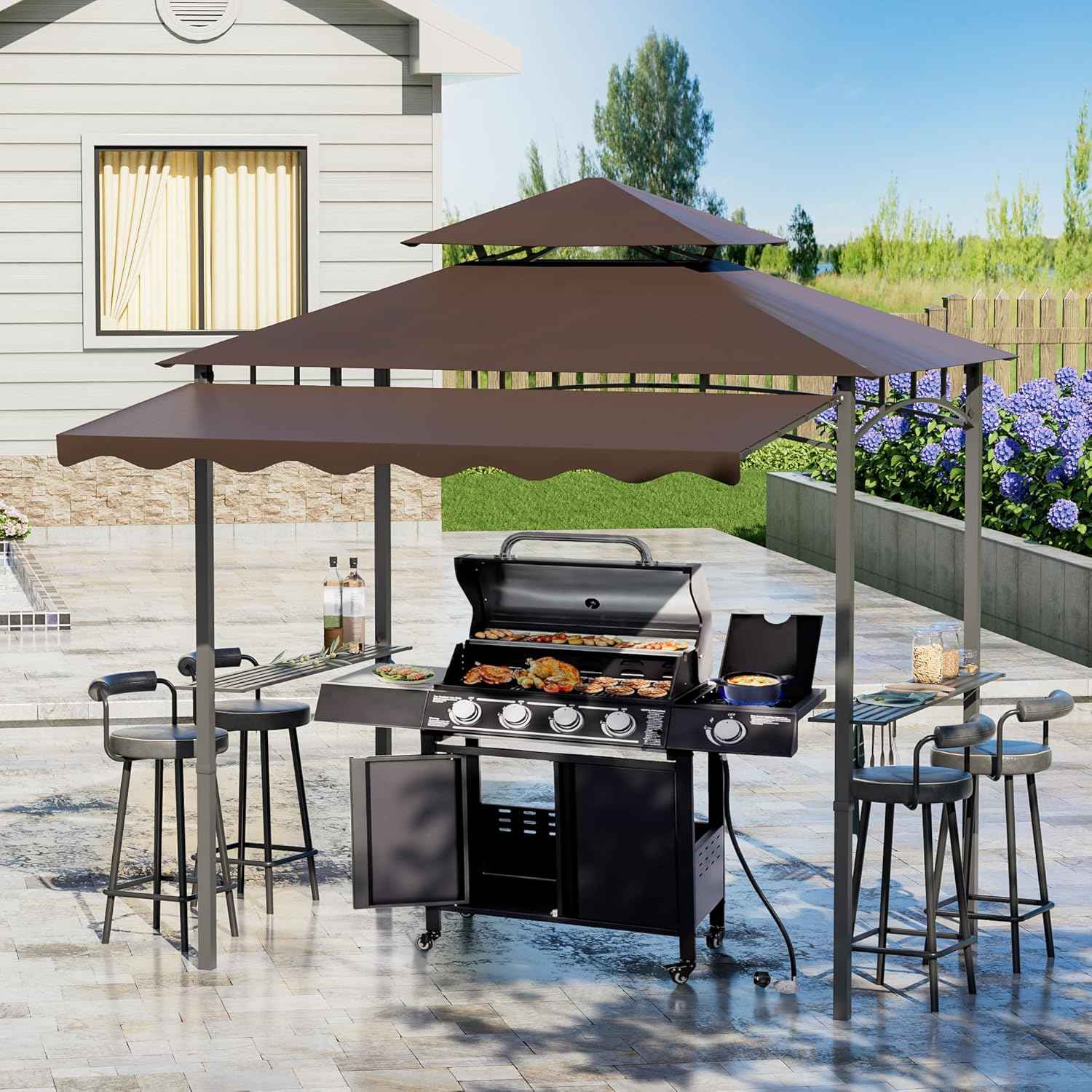 8x8x5 FT BBQ Grill Gazebo Outdoor, Double Tired Patio Canopy Tent with Side Awning Shelves, Barbecue Shelter with 14 Hooks and Bottle Opener for Backyard Garden Poolside, Brown