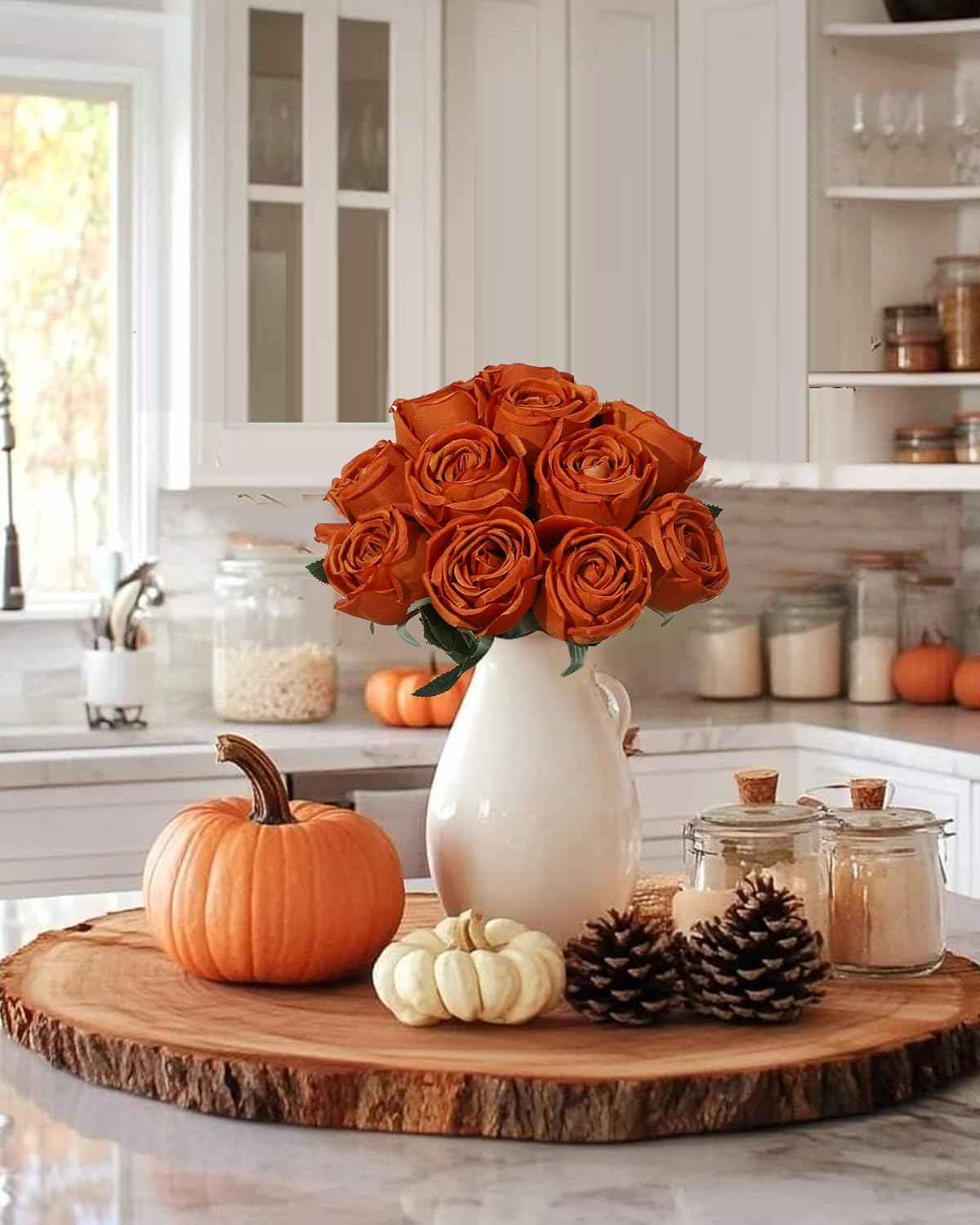Coferset 10 Pcs Fake Roses, Artificial Silk Rose Flowers with Long Stems,Realistic Faux Roses for Vase Home Wedding Table Centerpieces Baby Shower Decor (Burnt Orange)