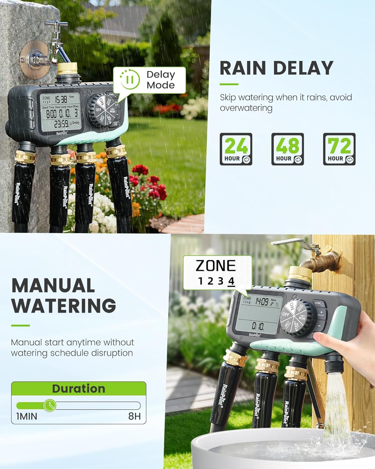 RAINPOINT Sprinkler Timer 4 Zone, Water Timer for Garden Hose, for Soaker Hose with Rain Delay/Manual/Automatic Watering System, Digital Irrigation for Yard, Lawn Brass Inlet