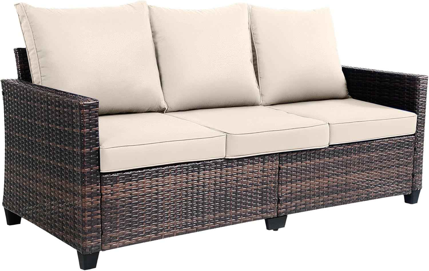 3-Seater Deep Seat Outdoor Sofa - High Back Patio Couch with Water-Resistant Cushions, All-Weather PE Rattan for Patio, Garden (Modern Design) (Beige)