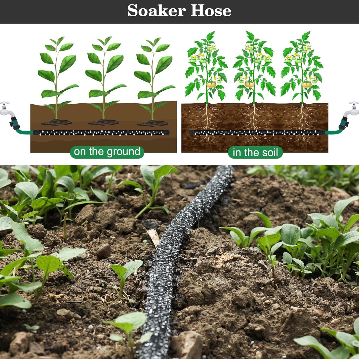 Soaker Hose 100 FT Pro for Garden Beds 1/2 Inch Rubber Longer Lasting Drip Irrigation Save 70% of Water Various Accessories Great for Lawn and Yard