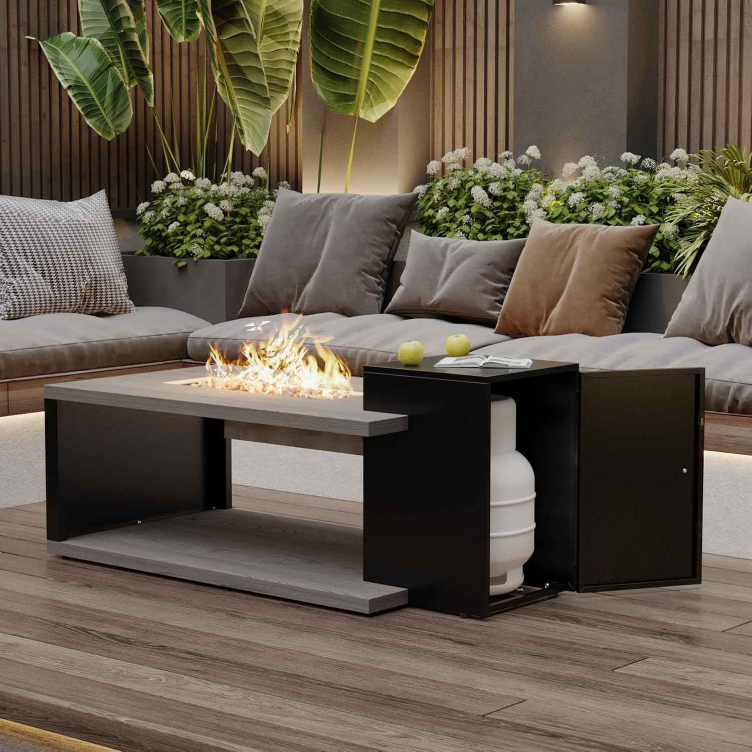 53” Outdoor Propane Fire Pit Table, 50,000BTU Gas Firepit Table with Tank Cover, Stainless Steel Lid, for Patio Backyard, Grey & Black 53.1" W x 26" D x 21.1" H