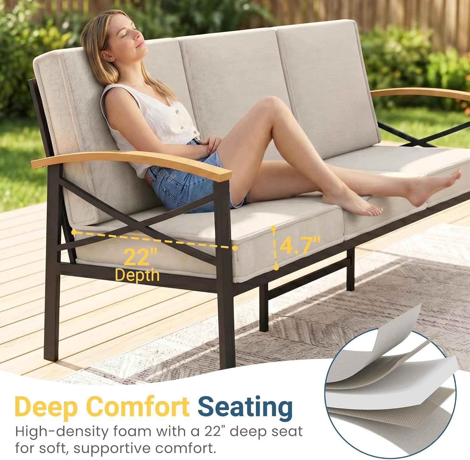 4-Piece Outdoor Patio Furniture Set for All-Weather, Heavy-Duty Metal Outside Furniture with Washable Thick Cushions, Patio Sectional with Coffee Table for Patio, Deck, Backyard, Garden, Beige